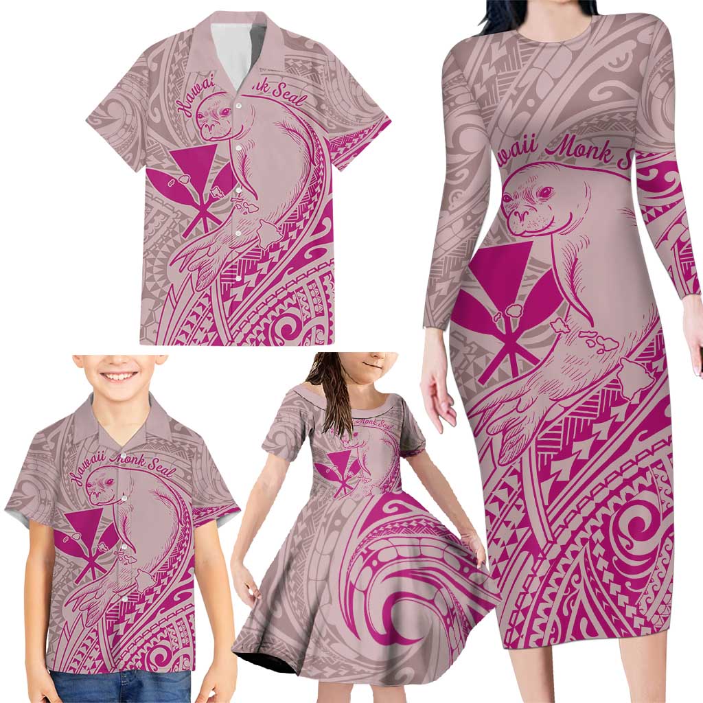 Hawaii Monk Seal and Map Family Matching Long Sleeve Bodycon Dress and Hawaiian Shirt Polynesian Kanaka Maoli Pink Vibe LT9 - Polynesian Pride