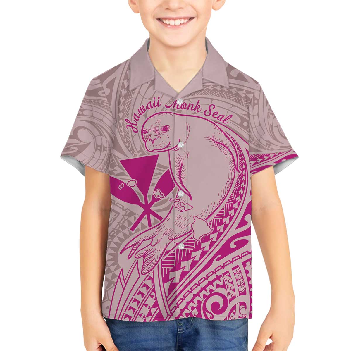 Hawaii Monk Seal and Map Family Matching Off The Shoulder Long Sleeve Dress and Hawaiian Shirt Polynesian Kanaka Maoli Pink Vibe LT9 Son's Shirt Pink - Polynesian Pride