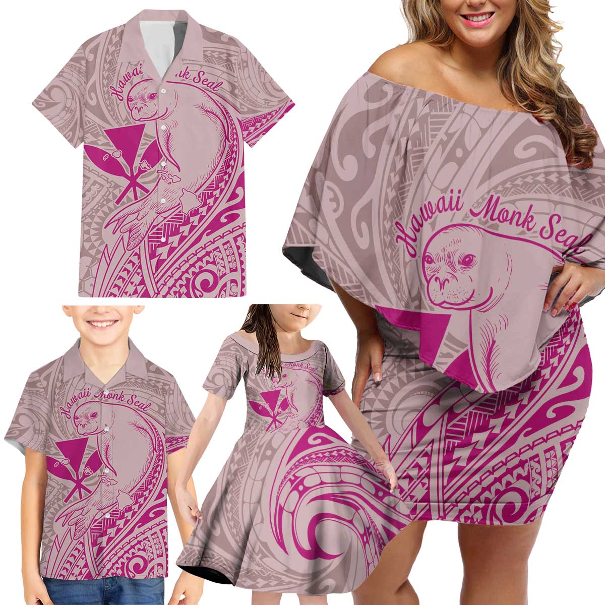 Hawaii Monk Seal and Map Family Matching Off Shoulder Short Dress and Hawaiian Shirt Polynesian Kanaka Maoli Pink Vibe LT9 - Polynesian Pride