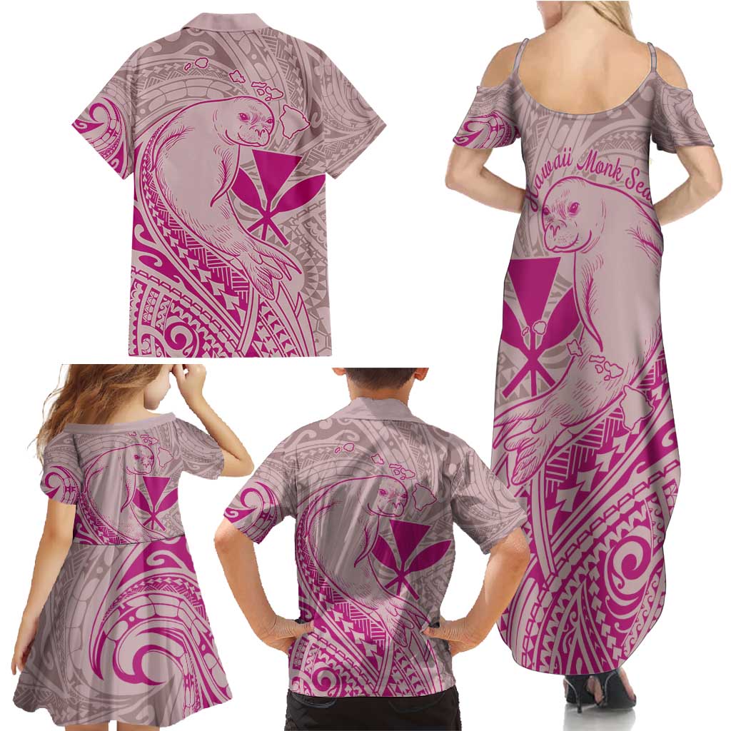 Hawaii Monk Seal and Map Family Matching Summer Maxi Dress and Hawaiian Shirt Polynesian Kanaka Maoli Pink Vibe