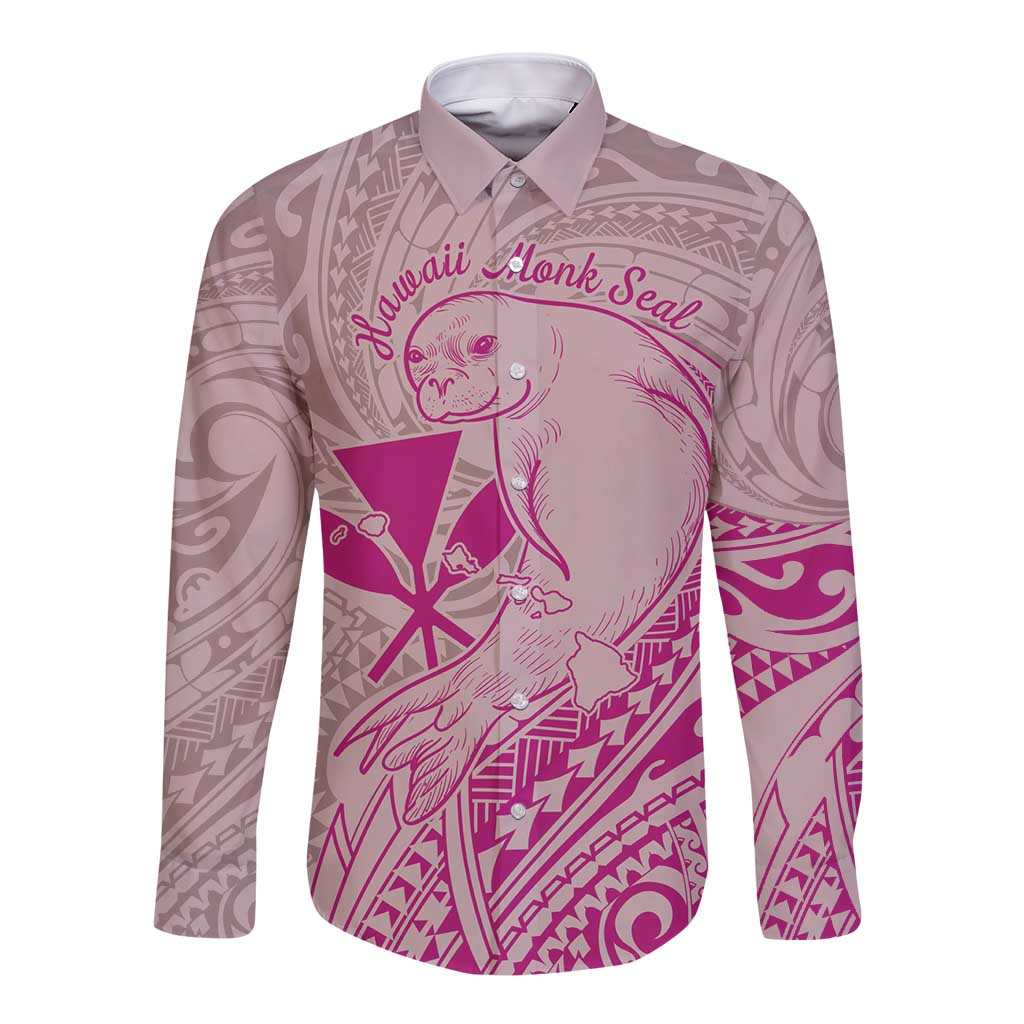 Hawaii Monk Seal and Map Long Sleeve Button Shirt Polynesian Kanaka Maoli Pink Vibe LT9 Unisex Pink - Polynesian Pride