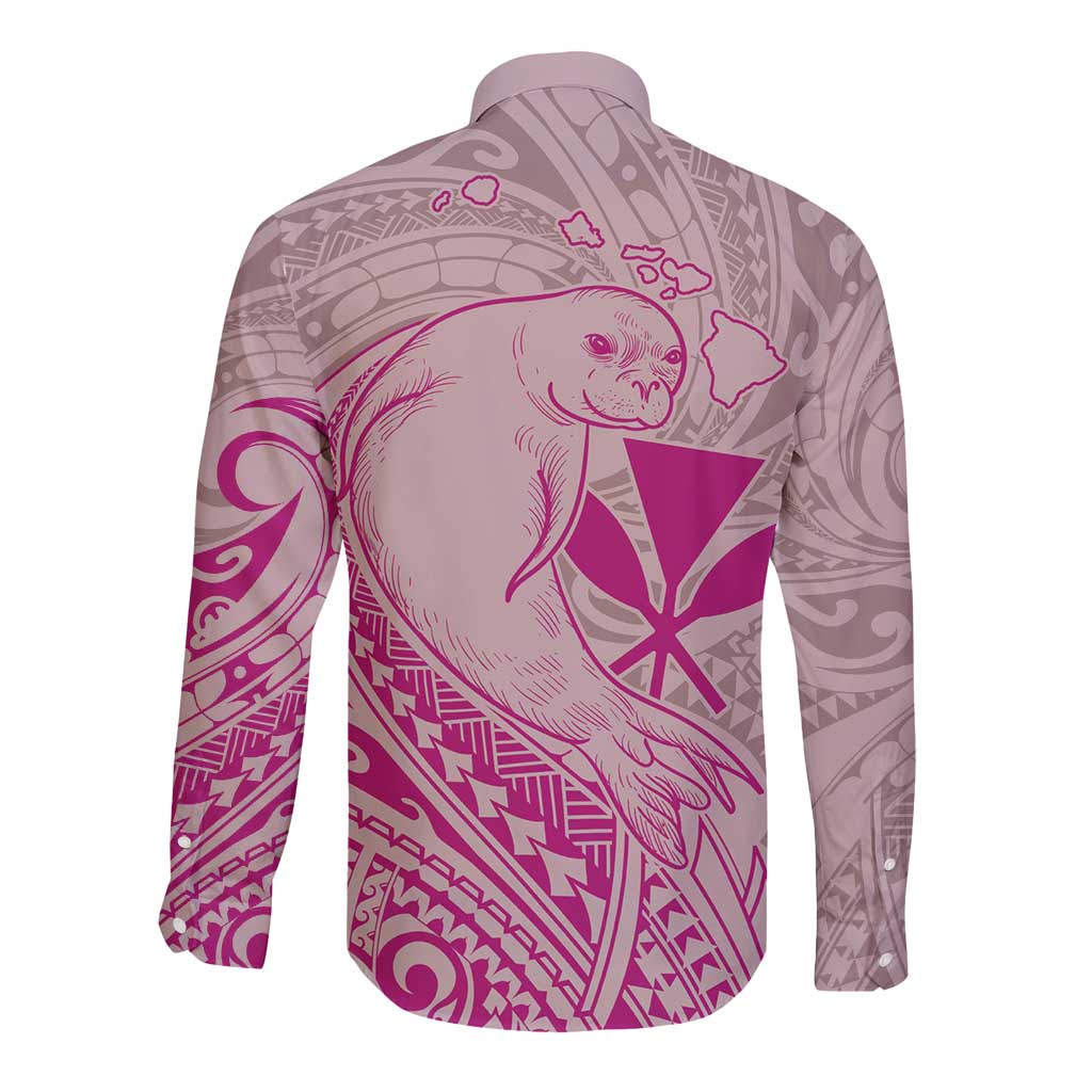 Hawaii Monk Seal and Map Long Sleeve Button Shirt Polynesian Kanaka Maoli Pink Vibe