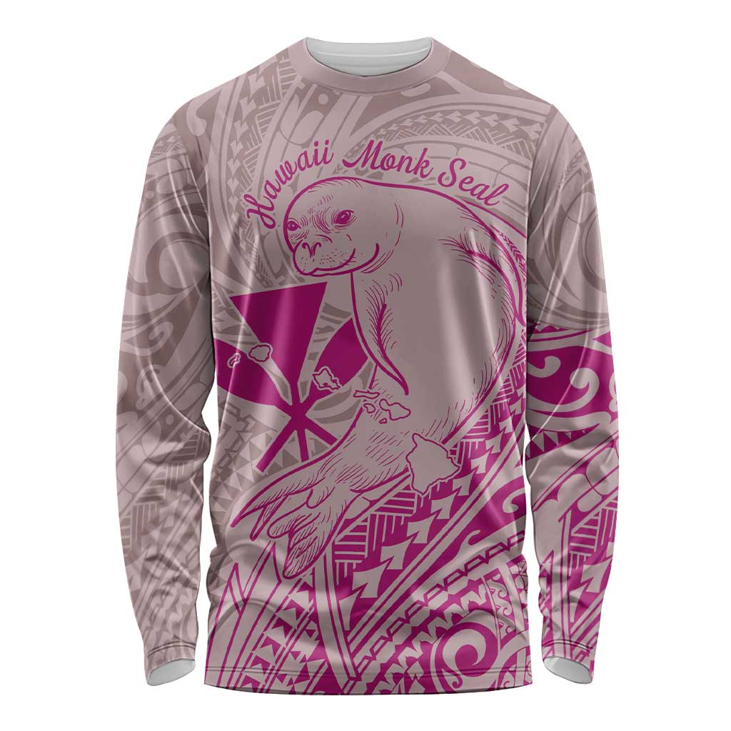 Hawaii Monk Seal and Map Long Sleeve Shirt Polynesian Kanaka Maoli Pink Vibe LT9 Unisex Pink - Polynesian Pride