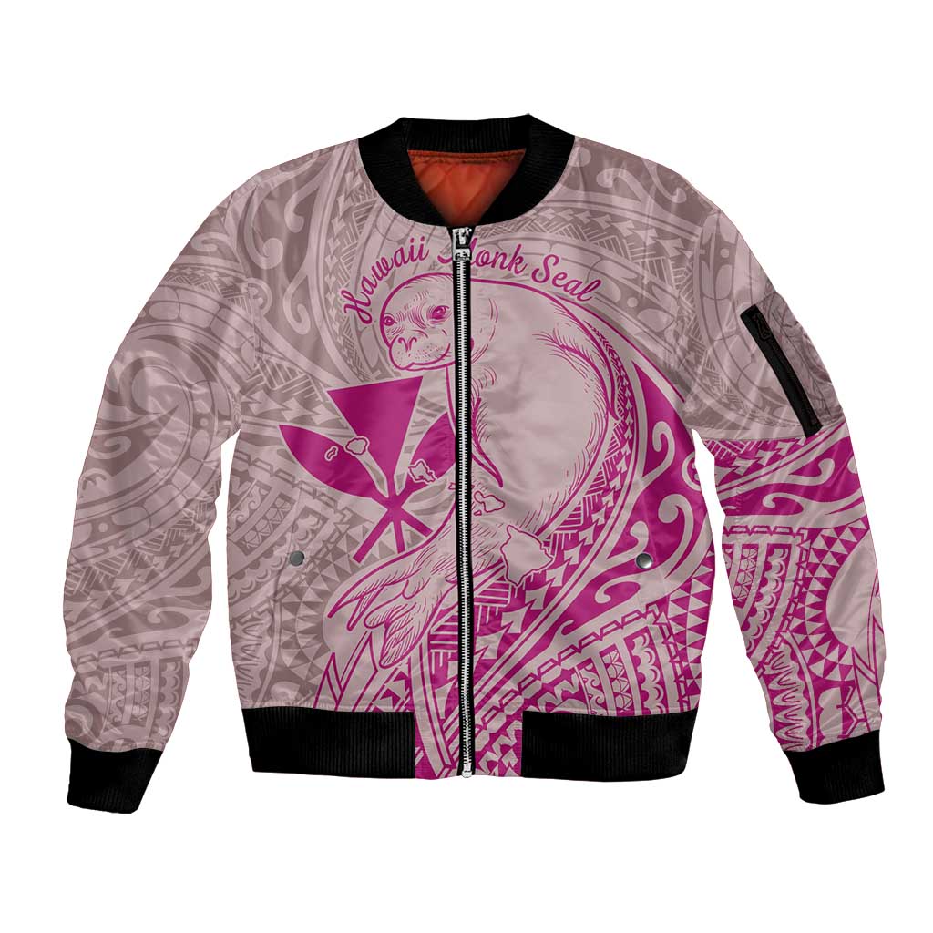 Hawaii Monk Seal and Map Sleeve Zip Bomber Jacket Polynesian Kanaka Maoli Pink Vibe LT9 Unisex Pink - Polynesian Pride
