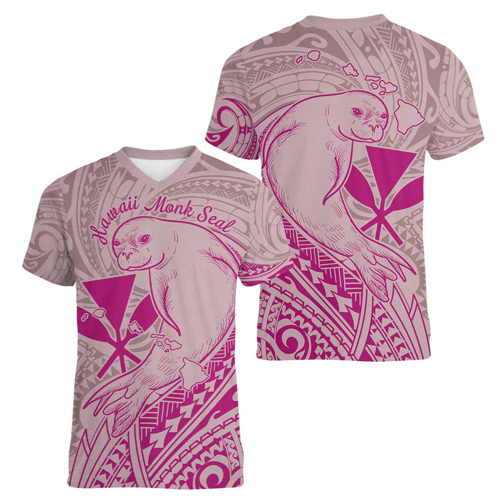 Hawaii Monk Seal and Map Women V-Neck T-Shirt Polynesian Kanaka Maoli Pink Vibe