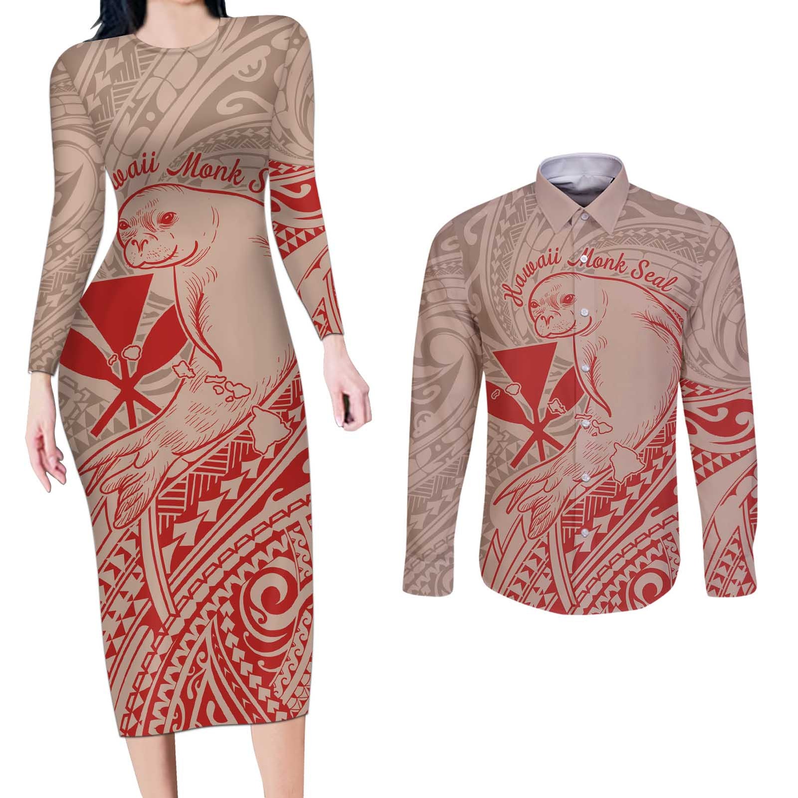 Hawaii Monk Seal and Map Couples Matching Long Sleeve Bodycon Dress and Long Sleeve Button Shirt Polynesian Kanaka Maoli Red Vibe LT9 Red - Polynesian Pride