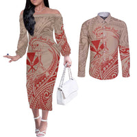 Hawaii Monk Seal and Map Couples Matching Off The Shoulder Long Sleeve Dress and Long Sleeve Button Shirt Polynesian Kanaka Maoli Red Vibe