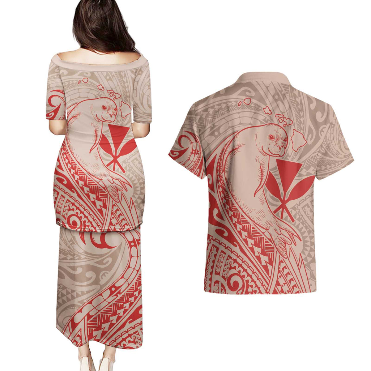 Hawaii Monk Seal and Map Couples Matching Puletasi and Hawaiian Shirt Polynesian Kanaka Maoli Red Vibe