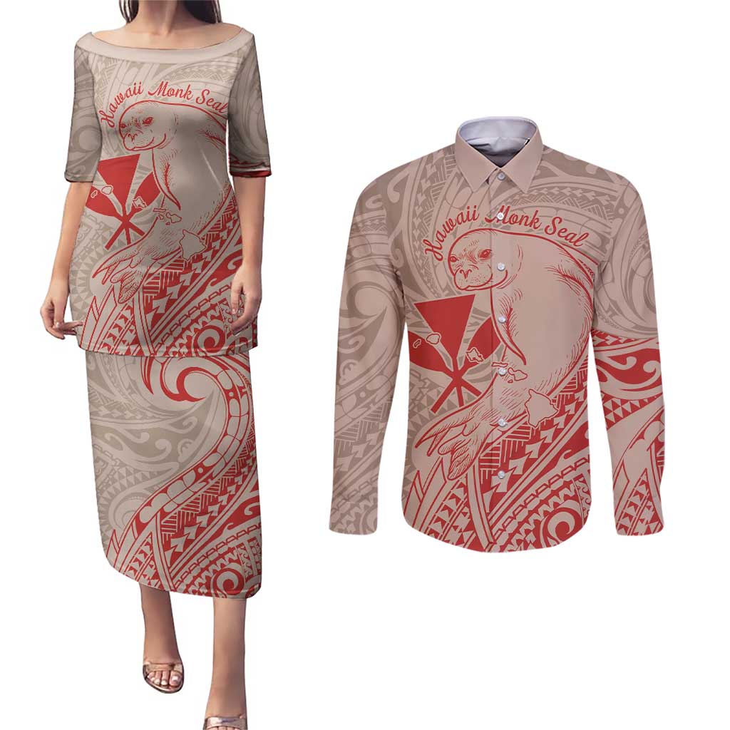 Hawaii Monk Seal and Map Couples Matching Puletasi and Long Sleeve Button Shirt Polynesian Kanaka Maoli Red Vibe LT9 Red - Polynesian Pride