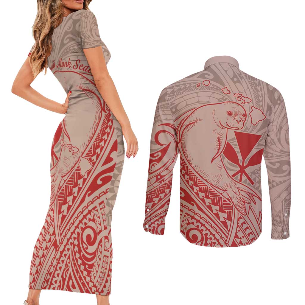 Hawaii Monk Seal and Map Couples Matching Short Sleeve Bodycon Dress and Long Sleeve Button Shirt Polynesian Kanaka Maoli Red Vibe