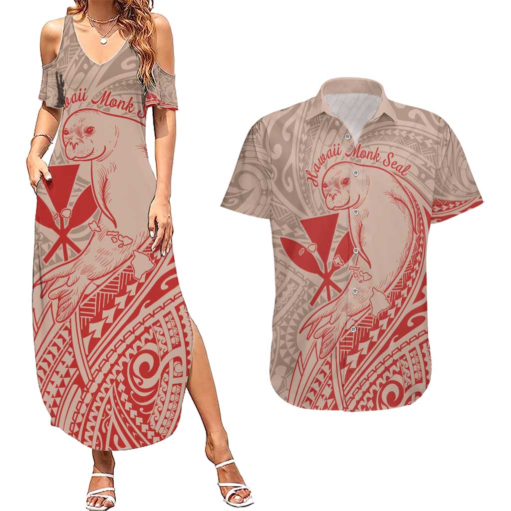 Hawaii Monk Seal and Map Couples Matching Summer Maxi Dress and Hawaiian Shirt Polynesian Kanaka Maoli Red Vibe