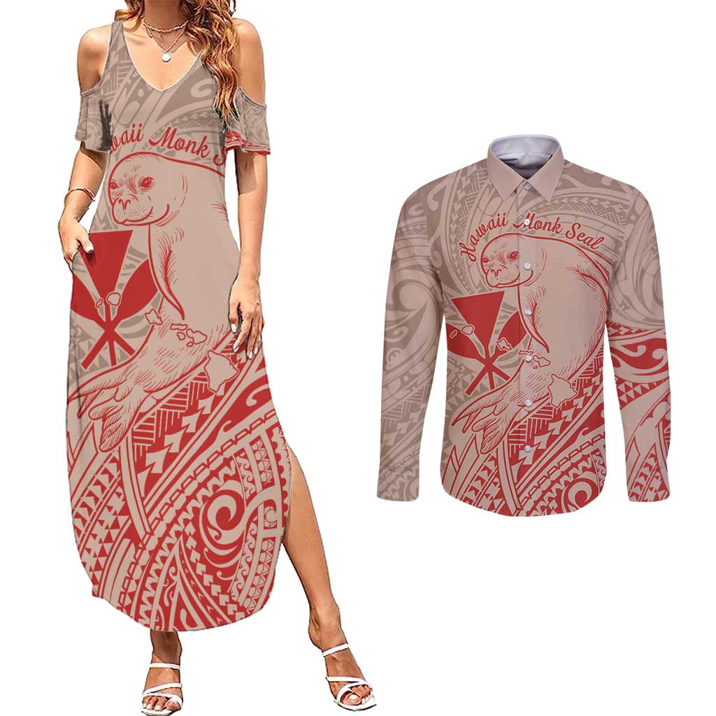 Hawaii Monk Seal and Map Couples Matching Summer Maxi Dress and Long Sleeve Button Shirt Polynesian Kanaka Maoli Red Vibe LT9 Red - Polynesian Pride