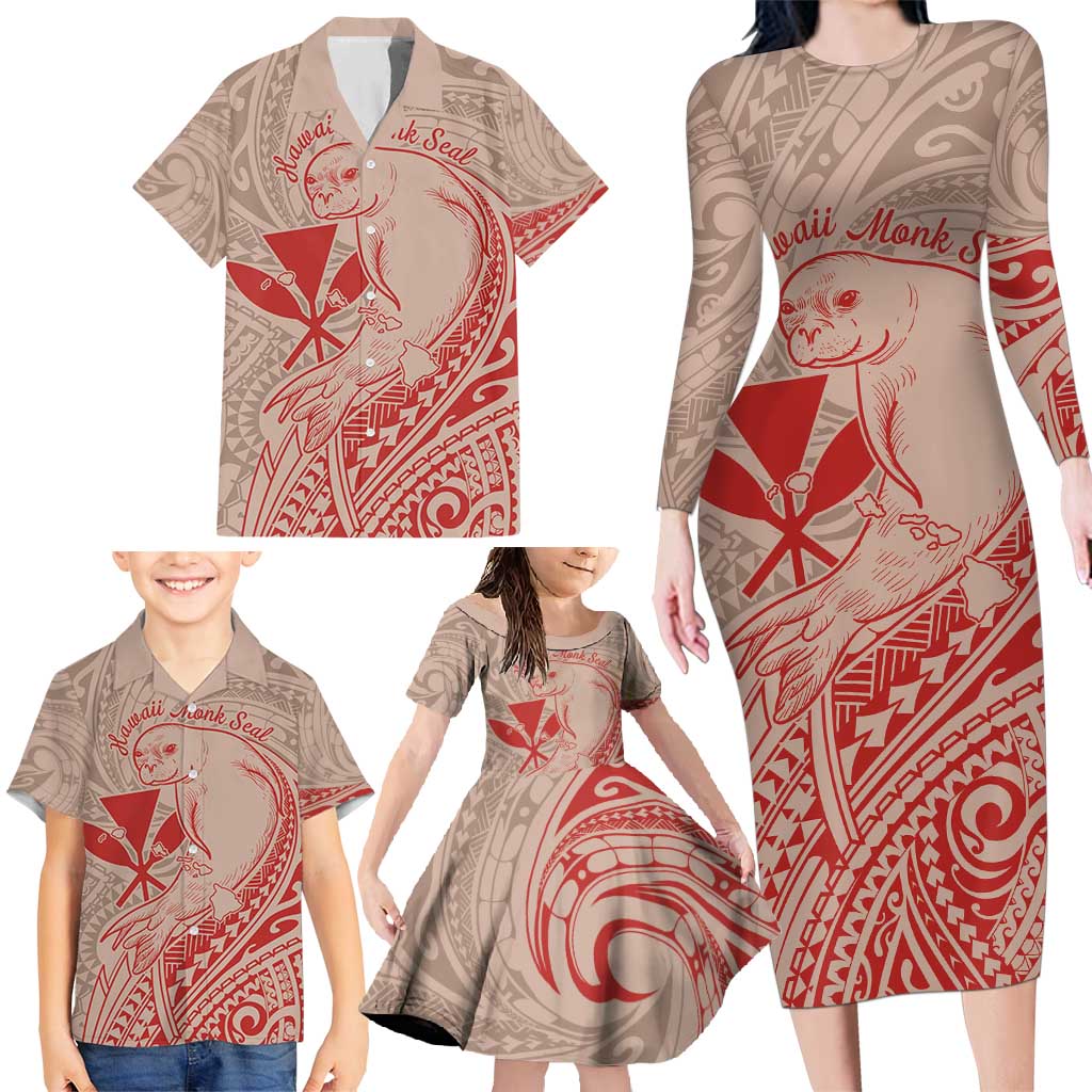 Hawaii Monk Seal and Map Family Matching Long Sleeve Bodycon Dress and Hawaiian Shirt Polynesian Kanaka Maoli Red Vibe LT9 - Polynesian Pride