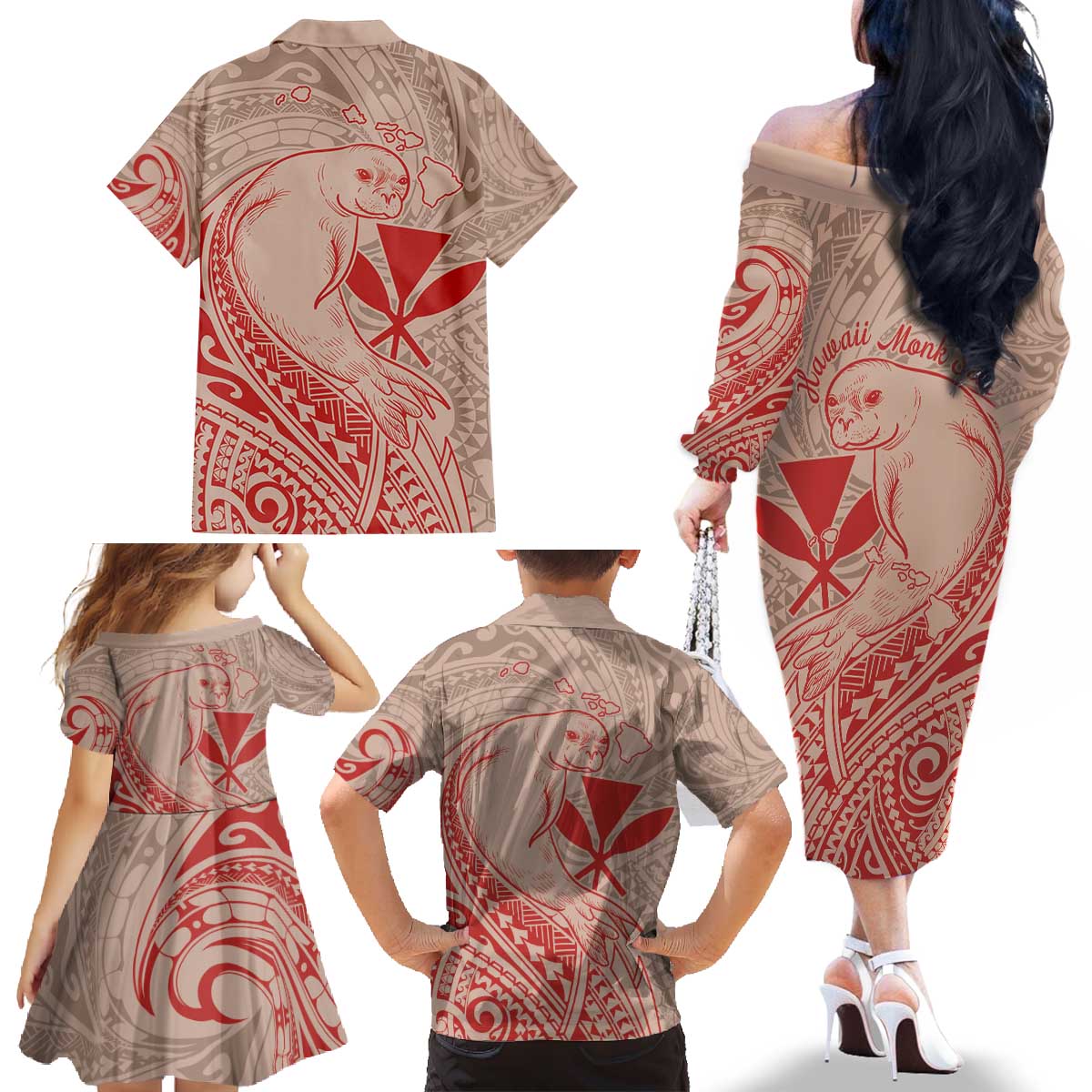 Hawaii Monk Seal and Map Family Matching Off The Shoulder Long Sleeve Dress and Hawaiian Shirt Polynesian Kanaka Maoli Red Vibe