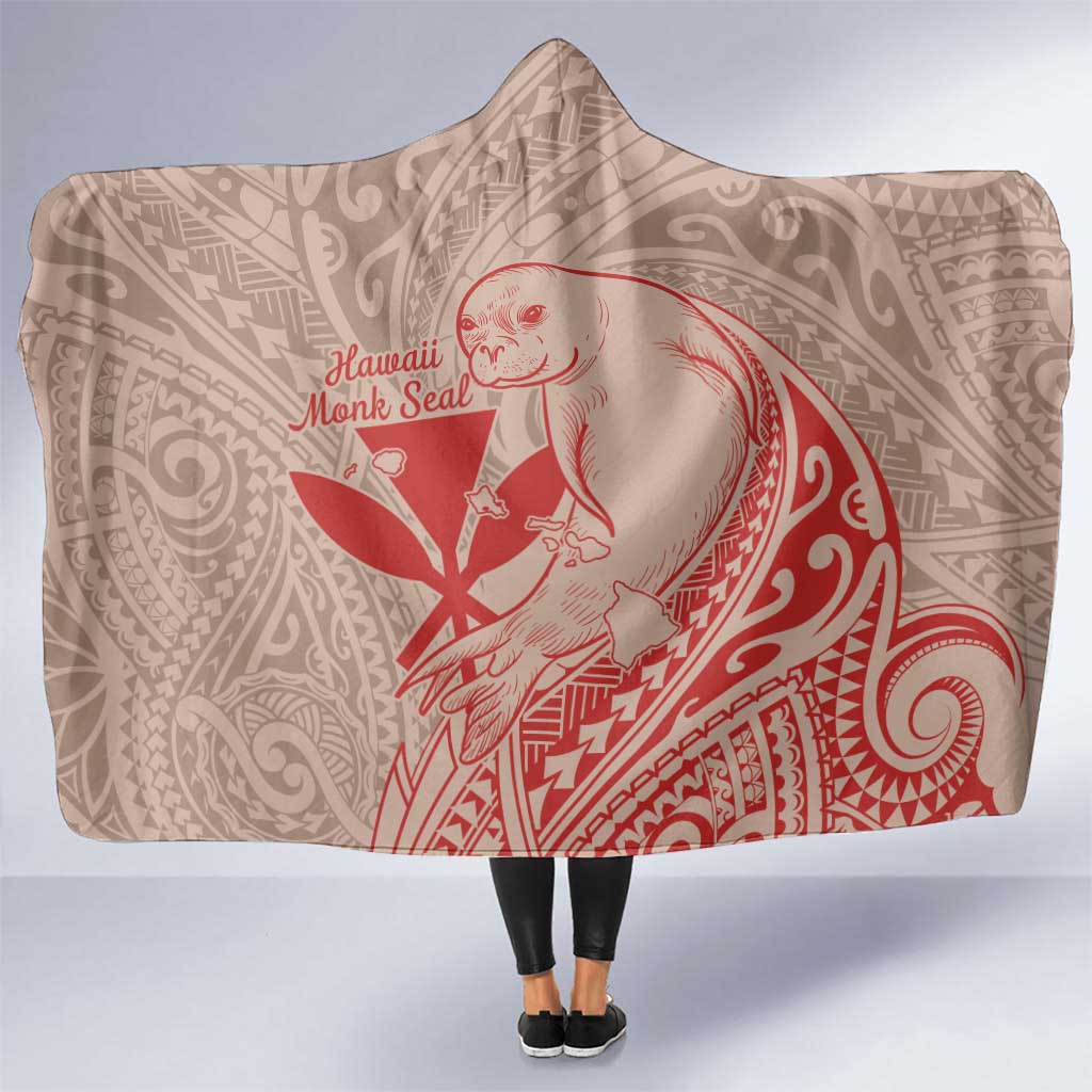 Hawaii Monk Seal and Map Hooded Blanket Polynesian Kanaka Maoli Red Vibe LT9 One Size Red - Polynesian Pride