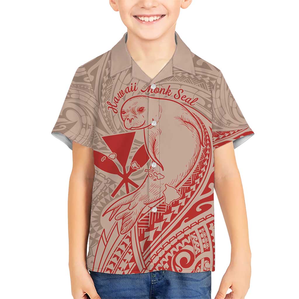 Hawaii Monk Seal and Map Kid Hawaiian Shirt Polynesian Kanaka Maoli Red Vibe