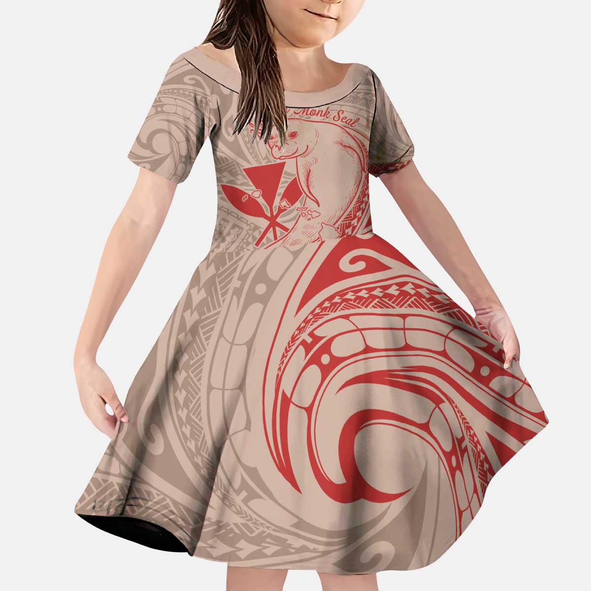Hawaii Monk Seal and Map Kid Short Sleeve Dress Polynesian Kanaka Maoli Red Vibe