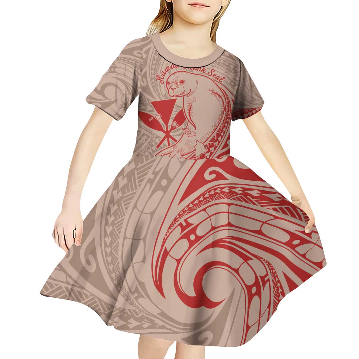 Hawaii Monk Seal and Map Kid Short Sleeve Dress Polynesian Kanaka Maoli Red Vibe
