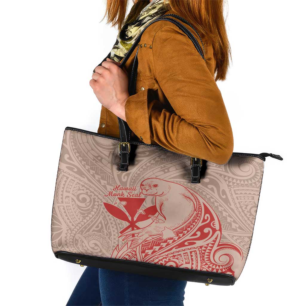 Hawaii Monk Seal and Map Leather Tote Bag Polynesian Kanaka Maoli Red Vibe LT9 Red - Polynesian Pride