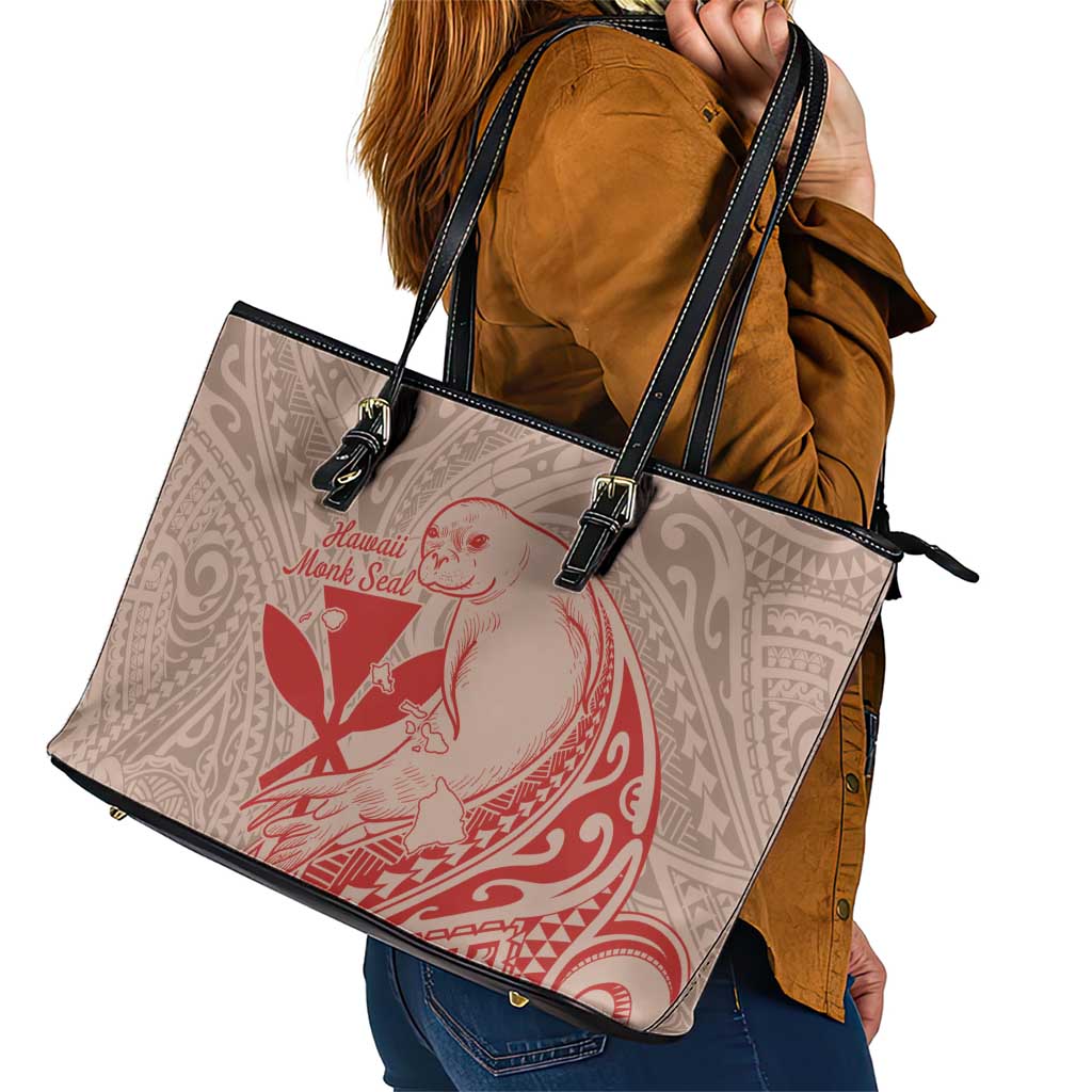 Hawaii Monk Seal and Map Leather Tote Bag Polynesian Kanaka Maoli Red Vibe