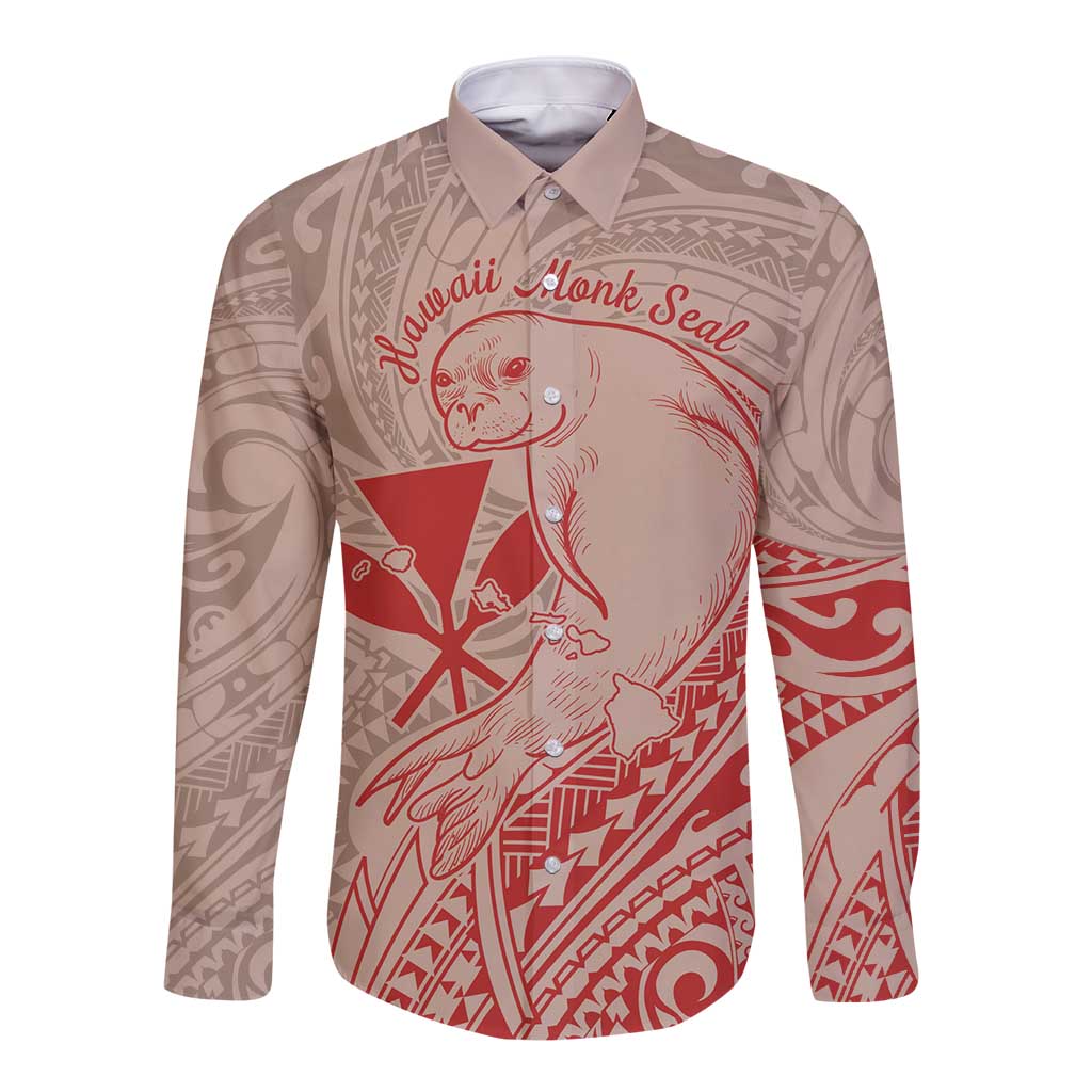 Hawaii Monk Seal and Map Long Sleeve Button Shirt Polynesian Kanaka Maoli Red Vibe LT9 Unisex Red - Polynesian Pride