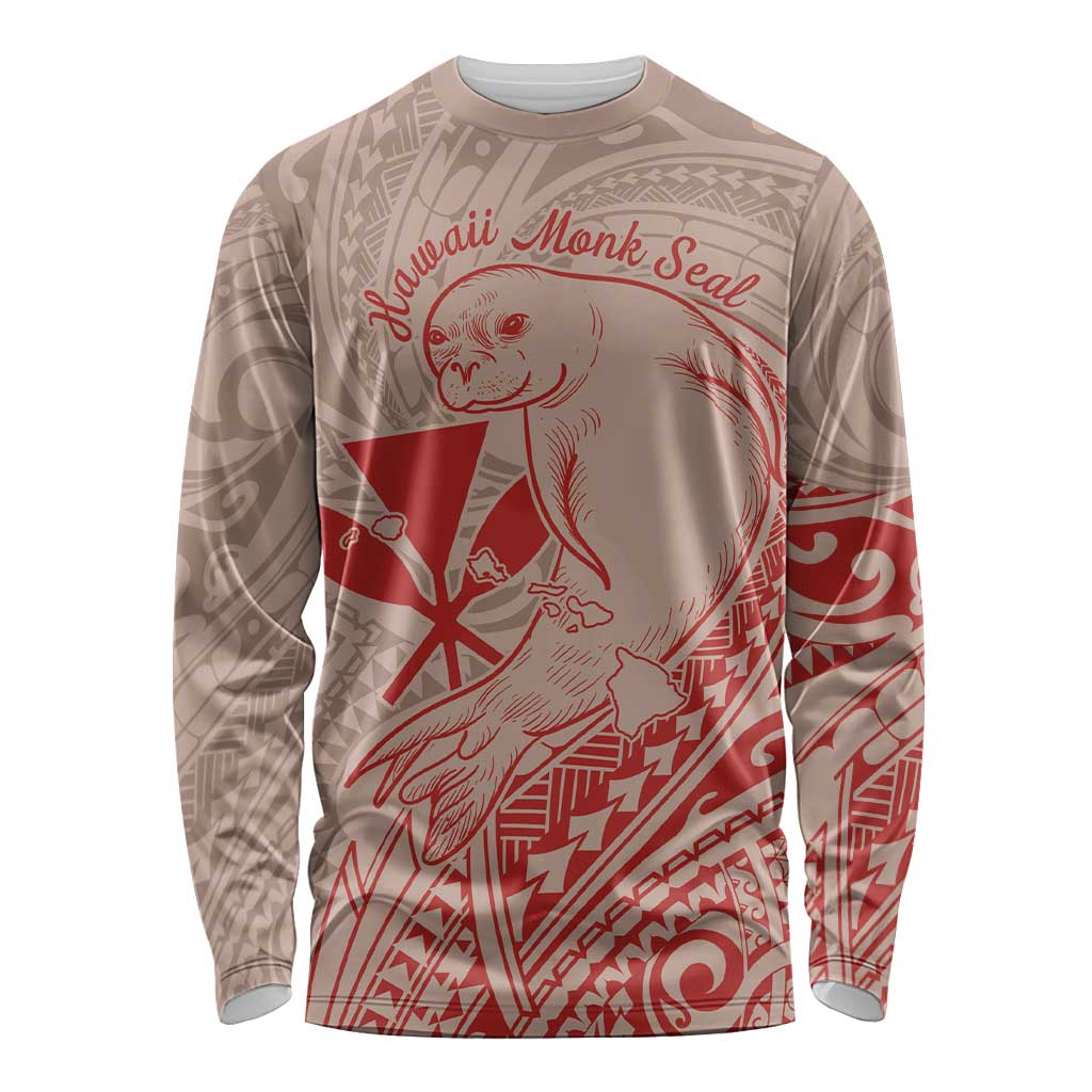 Hawaii Monk Seal and Map Long Sleeve Shirt Polynesian Kanaka Maoli Red Vibe LT9 Unisex Red - Polynesian Pride