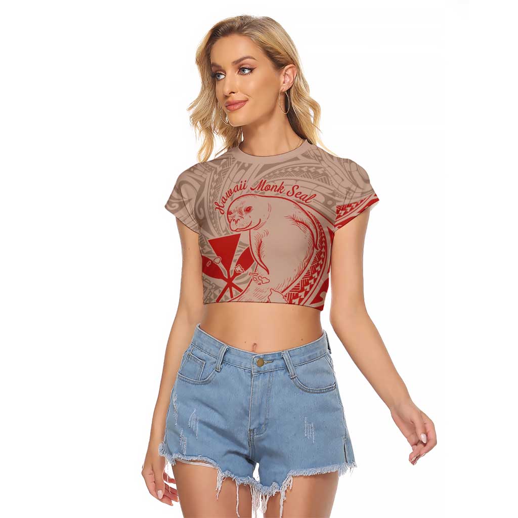 Hawaii Monk Seal and Map Raglan Cropped T Shirt Polynesian Kanaka Maoli Red Vibe LT9 Female Red - Polynesian Pride