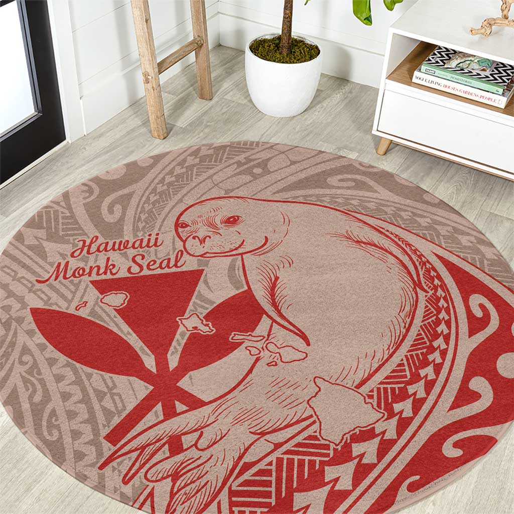 Hawaii Monk Seal and Map Round Carpet Polynesian Kanaka Maoli Red Vibe LT9 Red - Polynesian Pride
