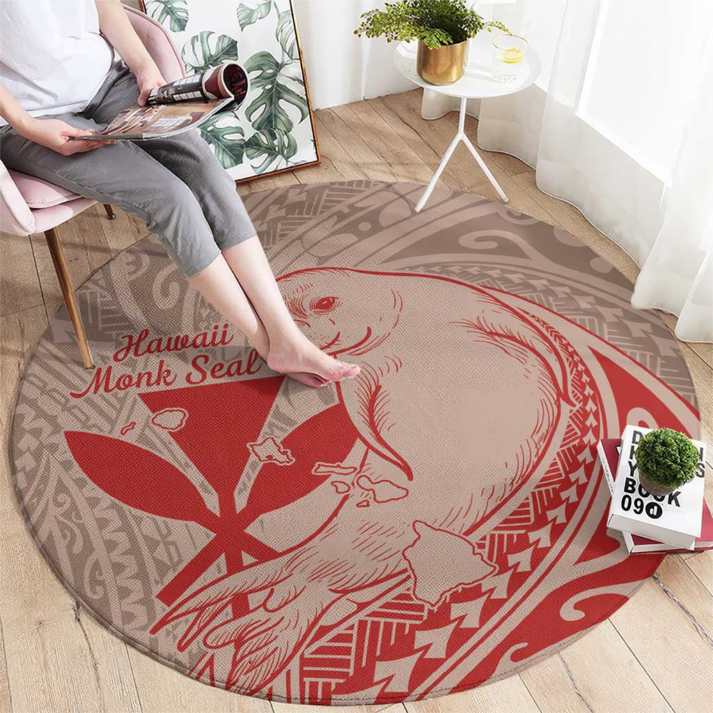 Hawaii Monk Seal and Map Round Carpet Polynesian Kanaka Maoli Red Vibe