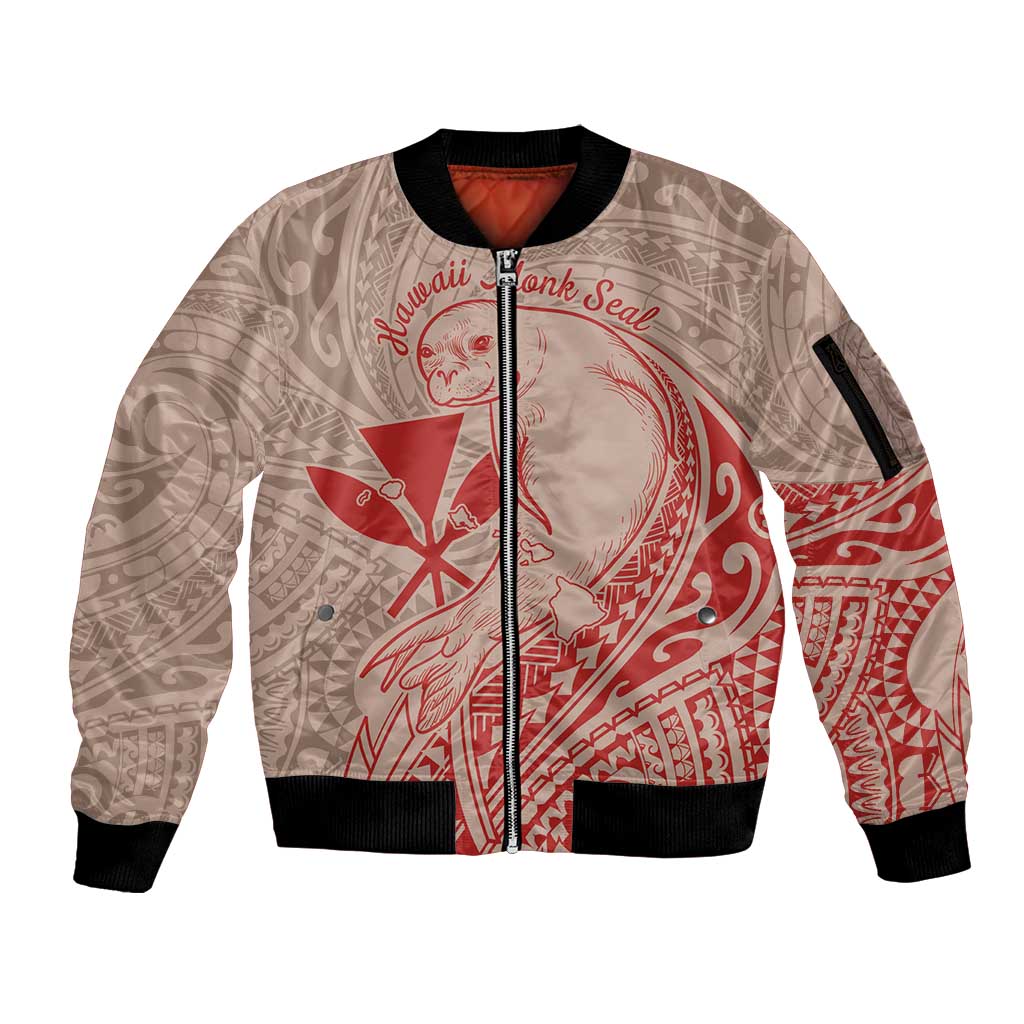 Hawaii Monk Seal and Map Sleeve Zip Bomber Jacket Polynesian Kanaka Maoli Red Vibe LT9 Unisex Red - Polynesian Pride