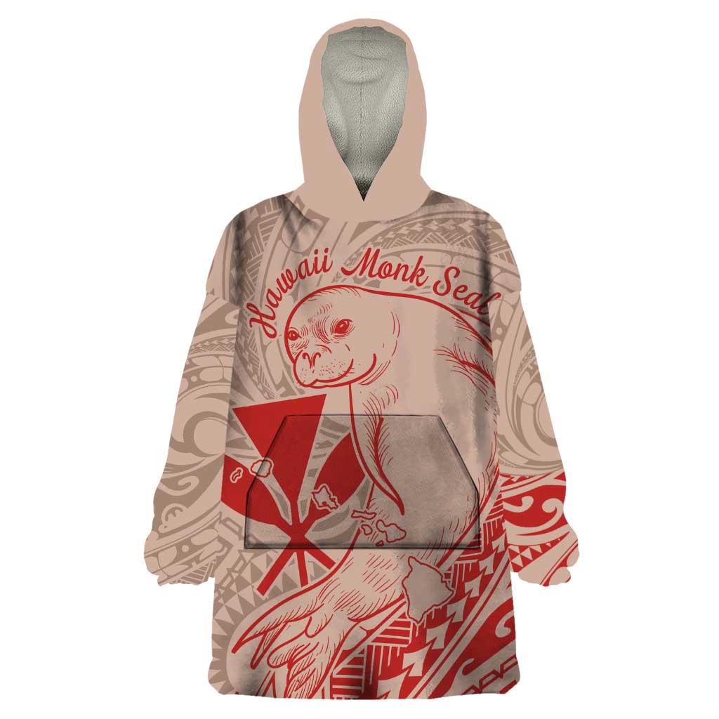 Hawaii Monk Seal and Map Wearable Blanket Hoodie Polynesian Kanaka Maoli Red Vibe LT9 One Size Red - Polynesian Pride