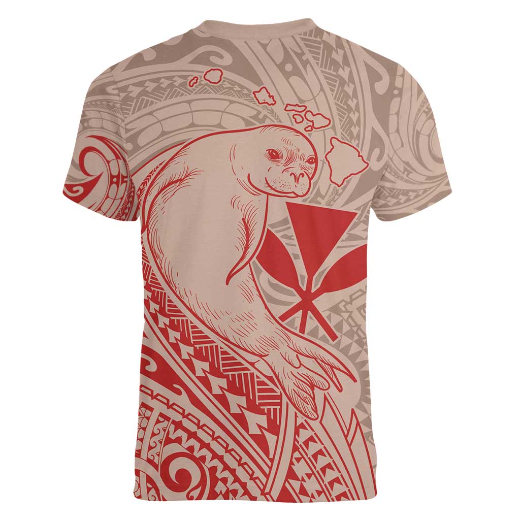 Hawaii Monk Seal and Map Women V-Neck T-Shirt Polynesian Kanaka Maoli Red Vibe