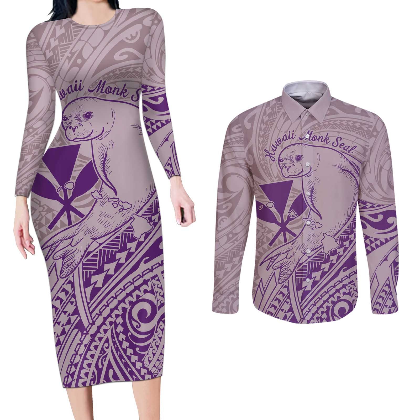 Hawaii Monk Seal and Map Couples Matching Long Sleeve Bodycon Dress and Long Sleeve Button Shirt Polynesian Kanaka Maoli Violet Vibe LT9 Violet - Polynesian Pride
