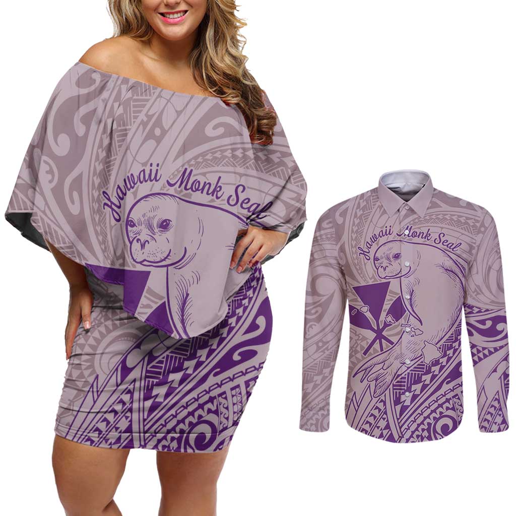 Hawaii Monk Seal and Map Couples Matching Off Shoulder Short Dress and Long Sleeve Button Shirt Polynesian Kanaka Maoli Violet Vibe LT9 Violet - Polynesian Pride
