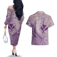 Hawaii Monk Seal and Map Couples Matching Off The Shoulder Long Sleeve Dress and Hawaiian Shirt Polynesian Kanaka Maoli Violet Vibe