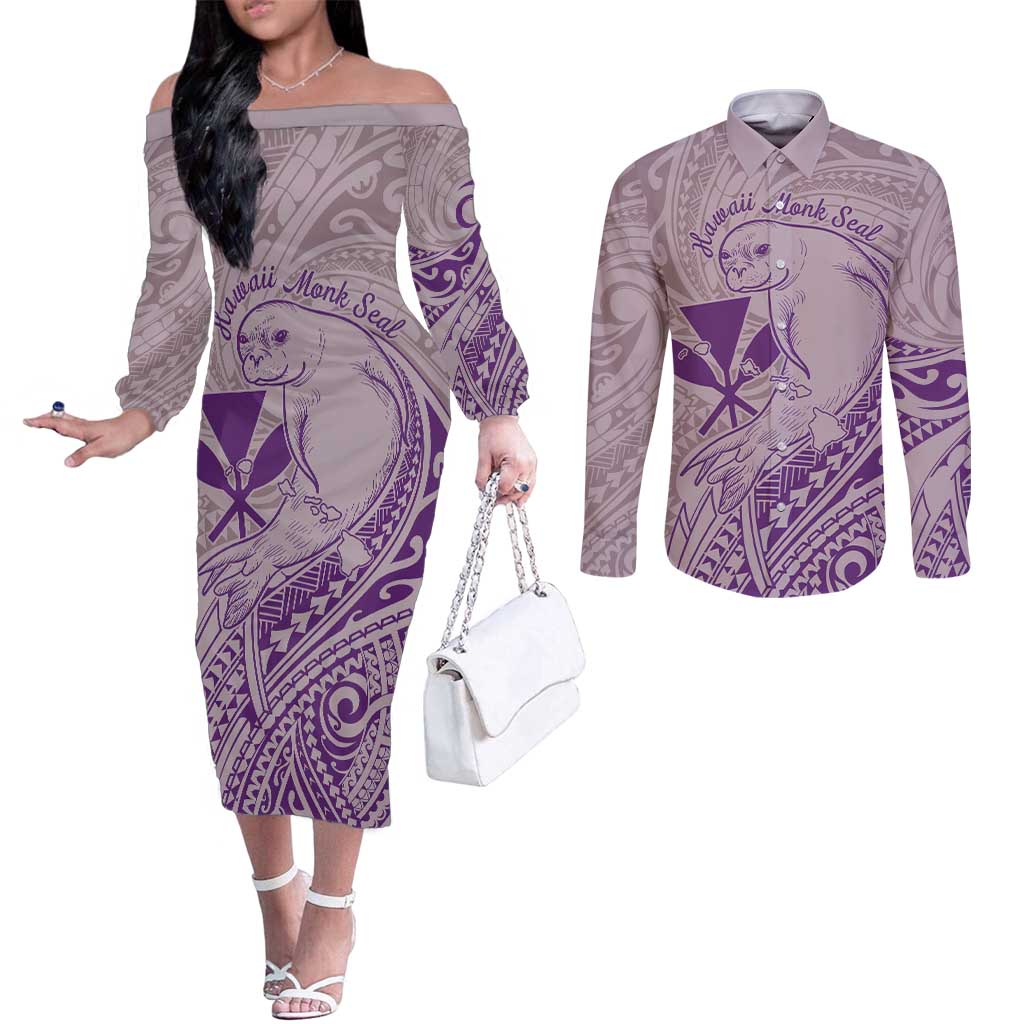Hawaii Monk Seal and Map Couples Matching Off The Shoulder Long Sleeve Dress and Long Sleeve Button Shirt Polynesian Kanaka Maoli Violet Vibe LT9 Violet - Polynesian Pride