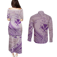Hawaii Monk Seal and Map Couples Matching Puletasi and Long Sleeve Button Shirt Polynesian Kanaka Maoli Violet Vibe