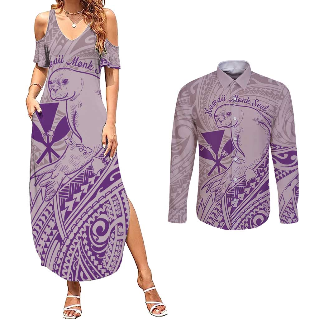 Hawaii Monk Seal and Map Couples Matching Summer Maxi Dress and Long Sleeve Button Shirt Polynesian Kanaka Maoli Violet Vibe