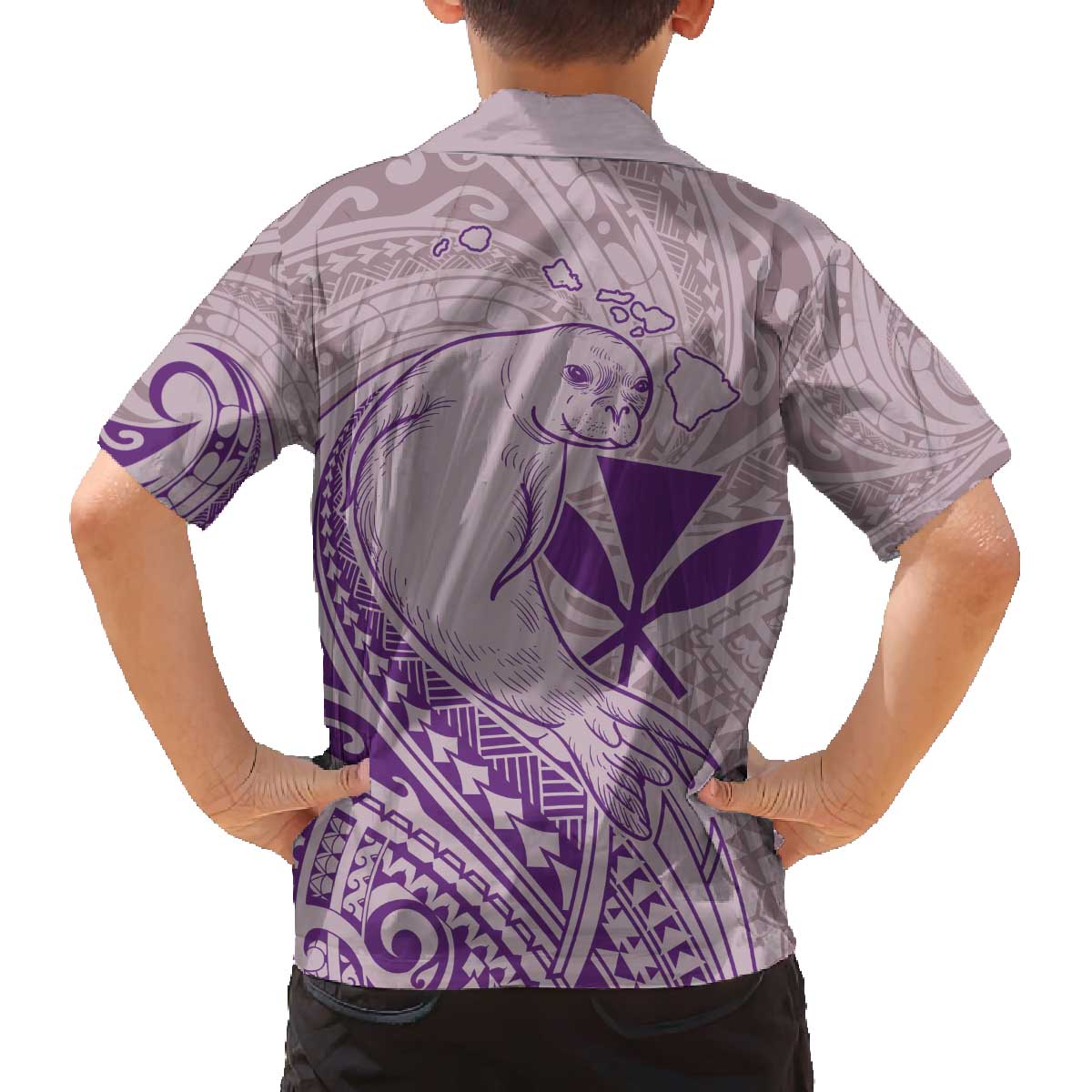 Hawaii Monk Seal and Map Family Matching Off The Shoulder Long Sleeve Dress and Hawaiian Shirt Polynesian Kanaka Maoli Violet Vibe LT9 - Polynesian Pride