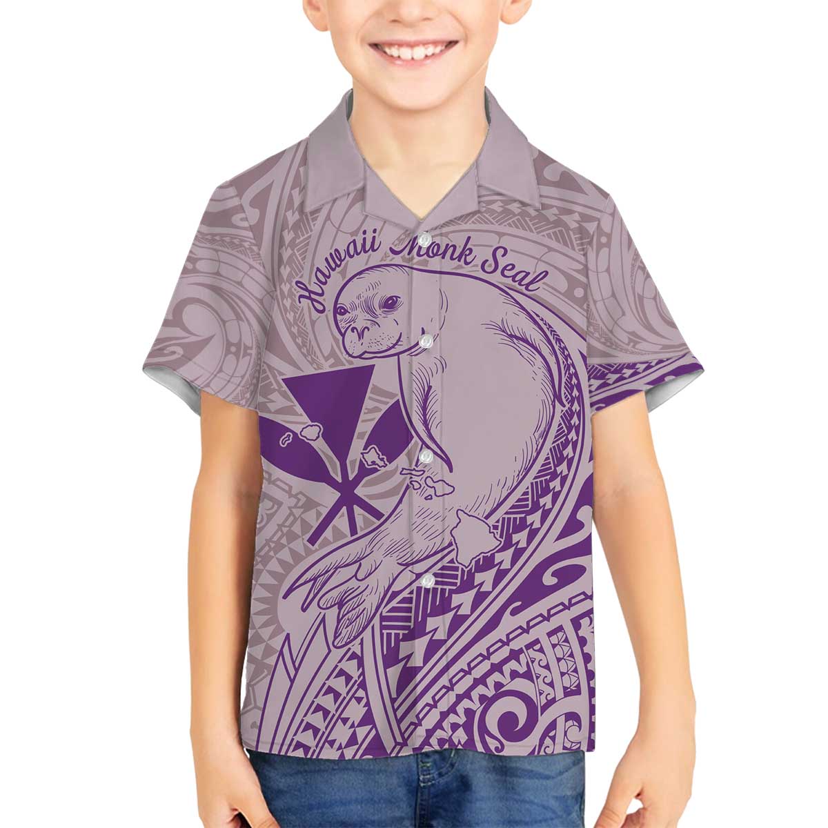 Hawaii Monk Seal and Map Family Matching Off The Shoulder Long Sleeve Dress and Hawaiian Shirt Polynesian Kanaka Maoli Violet Vibe LT9 Son's Shirt Violet - Polynesian Pride
