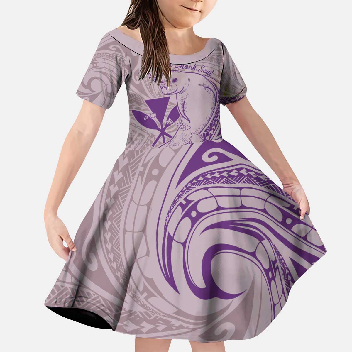 Hawaii Monk Seal and Map Kid Short Sleeve Dress Polynesian Kanaka Maoli Violet Vibe