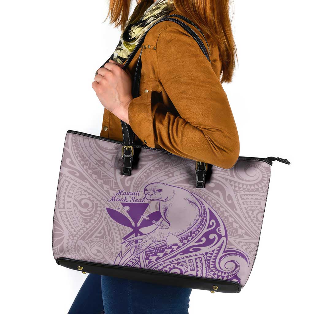 Hawaii Monk Seal and Map Leather Tote Bag Polynesian Kanaka Maoli Violet Vibe LT9 Violet - Polynesian Pride