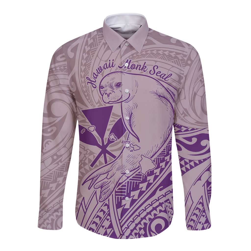 Hawaii Monk Seal and Map Long Sleeve Button Shirt Polynesian Kanaka Maoli Violet Vibe LT9 Unisex Violet - Polynesian Pride