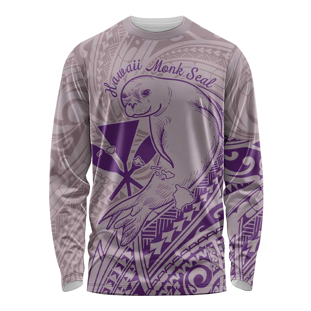 Hawaii Monk Seal and Map Long Sleeve Shirt Polynesian Kanaka Maoli Violet Vibe LT9 Unisex Violet - Polynesian Pride