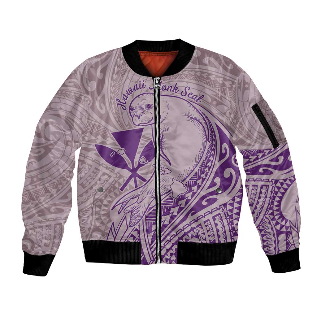 Hawaii Monk Seal and Map Sleeve Zip Bomber Jacket Polynesian Kanaka Maoli Violet Vibe LT9 Unisex Violet - Polynesian Pride
