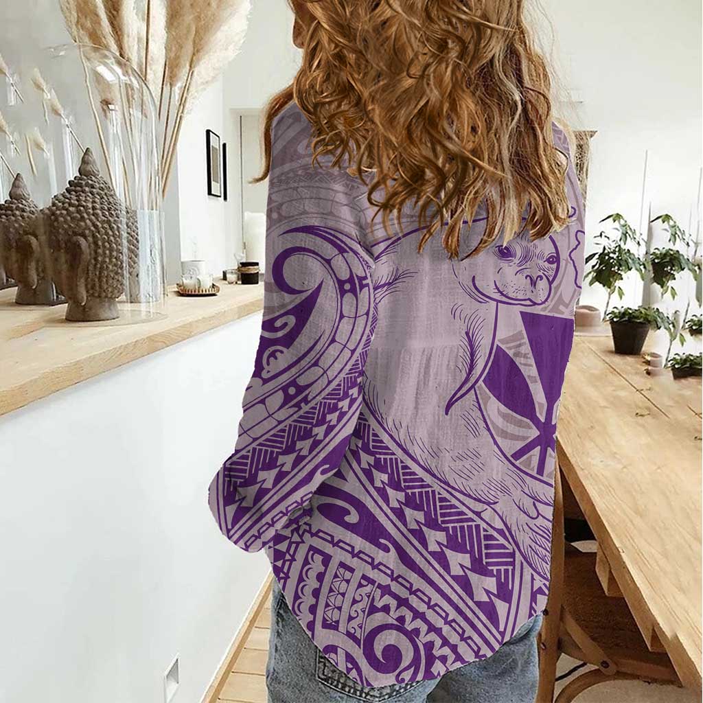 Hawaii Monk Seal and Map Women Casual Shirt Polynesian Kanaka Maoli Violet Vibe