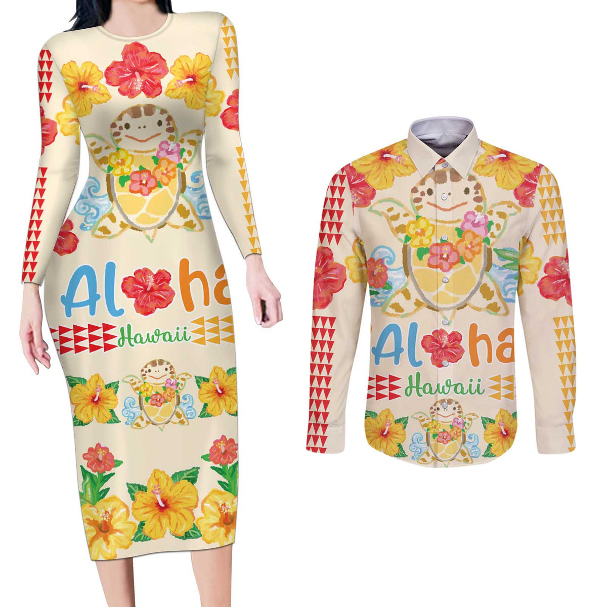 Kawaii Turtle Couples Matching Long Sleeve Bodycon Dress and Long Sleeve Button Shirt Aloha Hibiscus Flowers