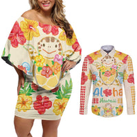 Kawaii Turtle Couples Matching Off Shoulder Short Dress and Long Sleeve Button Shirt Aloha Hibiscus Flowers