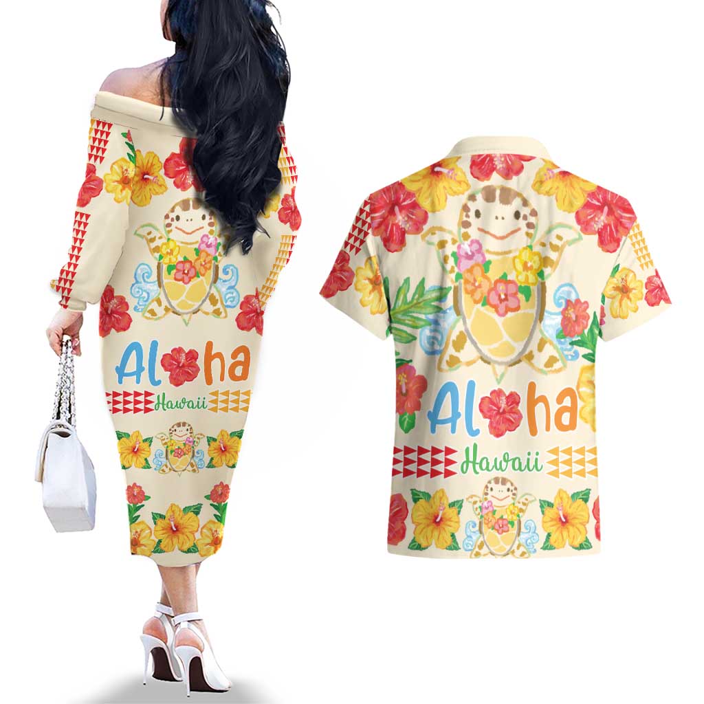 Kawaii Turtle Couples Matching Off The Shoulder Long Sleeve Dress and Hawaiian Shirt Aloha Hibiscus Flowers