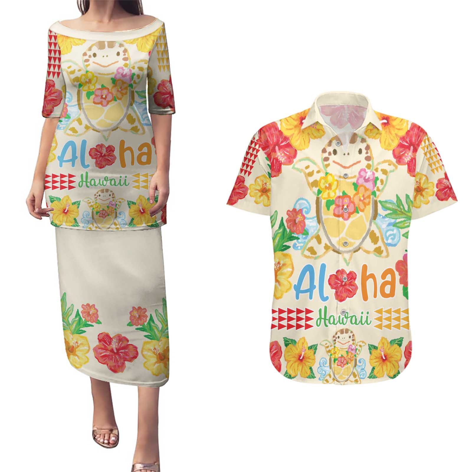 Kawaii Turtle Couples Matching Puletasi and Hawaiian Shirt Aloha Hibiscus Flowers LT9 Beige - Polynesian Pride